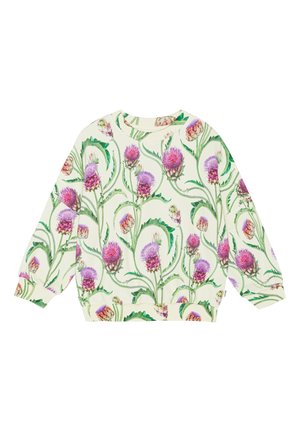 Sweat-shirt à manches longues de couleur crème avec un motif répétitif de fleurs de chardon violettes et roses et de feuilles vertes.