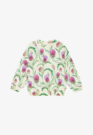 Kremowa bluza z długim rękawem z powtarzającym się wzorem fioletowych i różowych kwiatów osetu oraz zielonych liści.