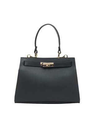 Black leather handbag with a structured design, featuring a top handle, gold-tone hardware, and a front clasp closure. Smooth texture.