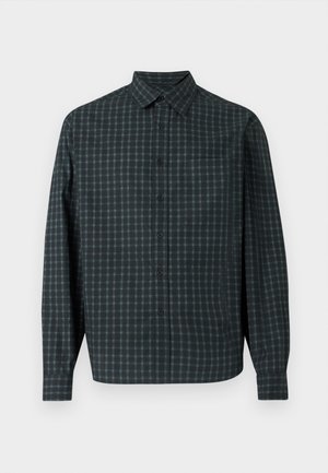 Camicia a maniche lunghe a quadri in verde scuro e blu navy, con chiusura davanti con bottoni, colletto e una tasca sul petto. Tessuto morbido al tatto.