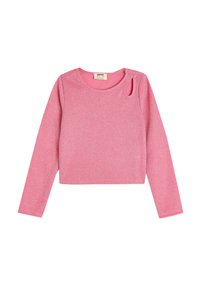Rosa Langarmshirt mit glitzernder Textur, runder Halslinie und einem kleinen Ausschnitt auf der linken Schulter.