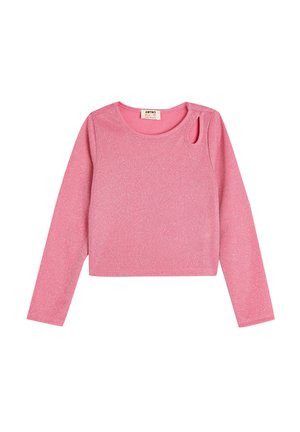 Rosa Langarmshirt mit glitzernder Textur, runder Halslinie und einem kleinen Ausschnitt auf der linken Schulter.