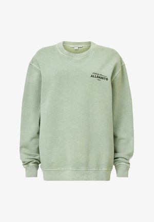 Hellgrüner Sweatshirt mit Rundhalsausschnitt, langen Ärmeln und gerippten Bündchen. Mit schwarzem gesticktem Text "ALLSAINTS" auf der Vorderseite.
