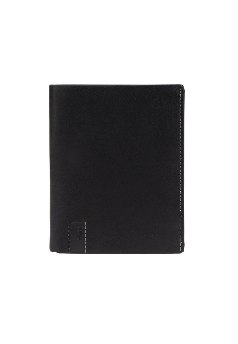 Billetera de cuero negro con una textura suave, forma rectangular y un diseño sencillo cosido. Presenta un sutil logotipo en la parte frontal.