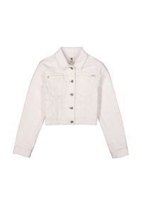 Chaqueta de denim blanca recortada con cuello, cierre frontal de botones, dos bolsillos en el pecho y mangas largas. Presenta botones y costuras en tono plateado.