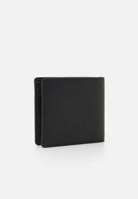 Black leather wallet with a smooth texture, bi-fold design, and multiple card slots. Features clean lines and minimal hardware accents.