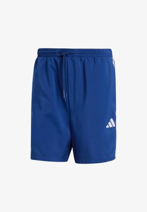 Pantaloni sportivi blu con vita elastica, coulisse e dettagli bianchi. Realizzati in materiale sintetico leggero e liscio.