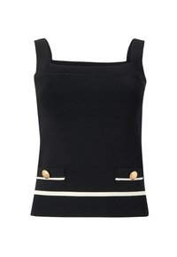 Μαύρο ριμπαριστό φανελάκι με τετράγωνο ντεκολτέ, χρυσά κουμπιά στα τσεπάκια και λευκές ρίγες στο τελείωμα. Ομαλή υφή και εφαρμοστή γραμμή.