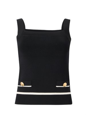 Μαύρο ριμπαριστό φανελάκι με τετράγωνο ντεκολτέ, χρυσά κουμπιά στα τσεπάκια και λευκές ρίγες στο τελείωμα. Ομαλή υφή και εφαρμοστή γραμμή.