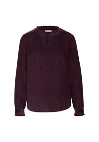 Bluzka z długim rękawem, w kolorze śliwkowym, wykonana z korduroju, z dekoltem w kształcie litery V i falbaną przy kołnierzyku. Posiada marszczone mankiety oraz luźny krój zapewniający komfort.