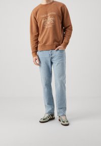 Felpa marrone con grafica frontale, jeans dritti blu chiaro e sneakers verde-marroni con strisce. Outfit comodo e informale.