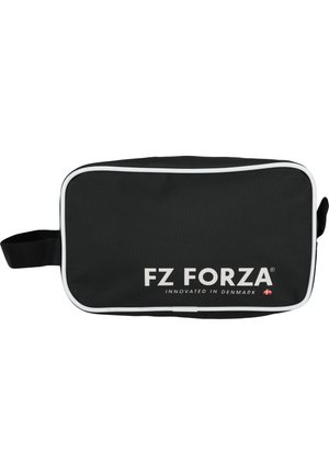 Sort rektangulær toilettaske med hvid kant, sidelænke og teksten "FZ FORZA Innovated in Denmark" med det danske flag.
