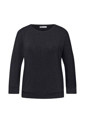 Pull noir à manches longues avec col rond, poignets et ourlet côtelés, présenté sur un fond blanc.