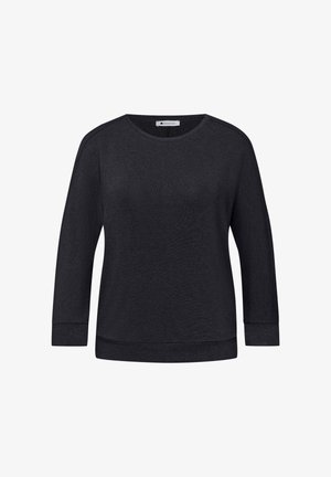 Pull noir à manches longues avec col rond, poignets et ourlet côtelés, présenté sur un fond blanc.