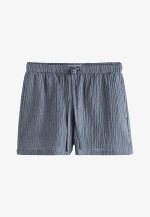 Blå teksturerede stofshorts med elastisk talje og foran bindebånd, med sidelommer og afslappet pasform.