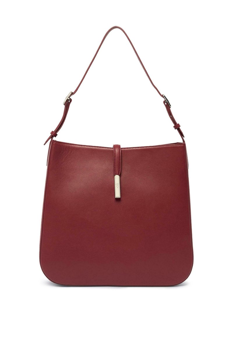 Borsa in pelle bordeaux liscia con un design elegante, forma rotonda, tracolla regolabile e un accento metallico minimalista alla chiusura.