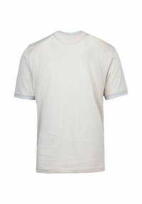 T-shirt in cotone color avorio con maniche corte, caratterizzata da rifiniture blu sul colletto e sulle maniche. Texture liscia, design casual.