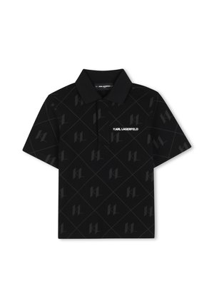 Polo noir à manches courtes avec un motif losange subtil et les initiales "KL", avec un texte blanc "KARL LAGERFELD" sur la poitrine gauche.