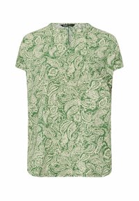 Top verde a maniche corte con un motivo floreale in verde chiaro. Ha un collo rotondo e una piccola fessura davanti.