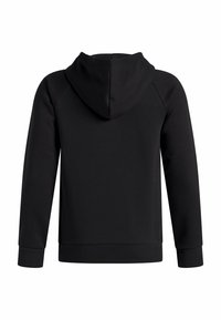 Un hoodie noir à manches longues vu de dos, avec une capuche et des poignets et un ourlet côtelés, présenté sur un fond blanc.