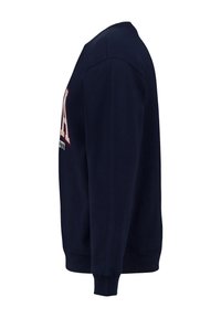 Navy blue sweatshirt with a crew neckline, ribbed cuffs, and hem. Features a printed logo in white and red on the front. Soft cotton material.