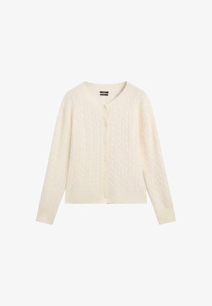 Cable-knit cardigan in cream color, featuring a round neckline, long sleeves, and button closure, with a soft texture and ribbed hem.