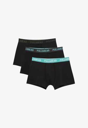Black boxer briefs in a pack of three. Features elastic waistbands, two with teal accents and one with a black accent, smooth fabric.