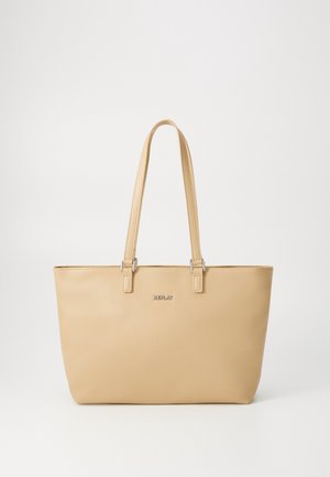 Beige leren boodschappentas met dubbele schouderbanden en zilveren "REPLAY"-logo in het midden aan de voorkant.