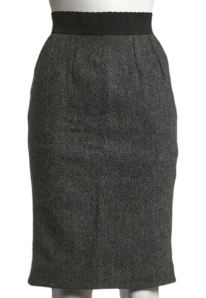 Mørkegrå pencilnederdel med sildebensmønster og sort taljebånd, knælængde, tætsiddende silhuet på en hvid mannequin.