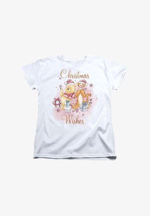 White cotton t-shirt featuring a graphic of a bear and a tiger in Santa hats, surrounded by presents and the text "Christmas Wishes."