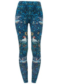 Kék virág- és madármintás leggings, követve a test vonalát, puha tapintással és élénk színekkel, beleértve a vöröset, zöldet és kéket.