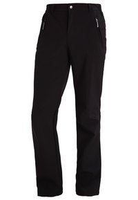 Pantalon noir droit avec bouton à l'avant, passants pour ceinture et poches latérales zippées sur fond blanc.