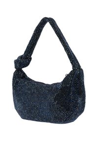 Borsa blu a perline con tracolla annodata, caratterizzata da una superficie liscia e una forma arrotondata, densamente decorata con piccole perline lucide.
