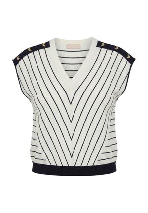 Chaleco sin mangas blanco con cuello en V, rayas negras verticales que forman un patrón de cheurón y paneles negros en los hombros con botones dorados.