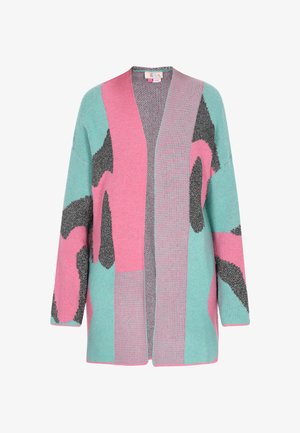 Knit cardigan featuring a loose fit, open front, and a bold pattern of pink, turquoise, and black in various textures and shapes.