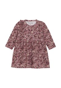 Blommig långärmad klänning i nyanser av rosa och maroon, med en veckad kjol och mjukt bomullstyg. Rund halsringning och volangdetaljer.