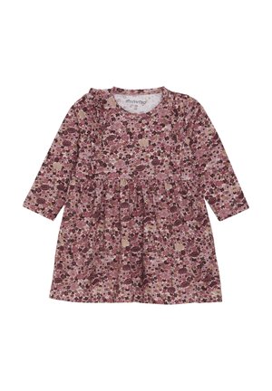 Blumenmuster langärmeliges Kleid in Rosa- und Weintönen, mit einem gerafften Rock und weichem Baumwollstoff. Runder Ausschnitt und Rüschendetails.