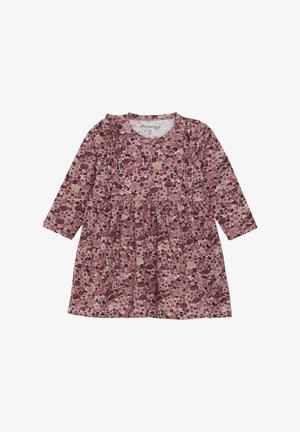 Bloemen lange mouw jurk in tinten roze en bordeaux, met een geraffineerde rok en zachte katoenen stof. Ronde halslijn en ruches accenten.