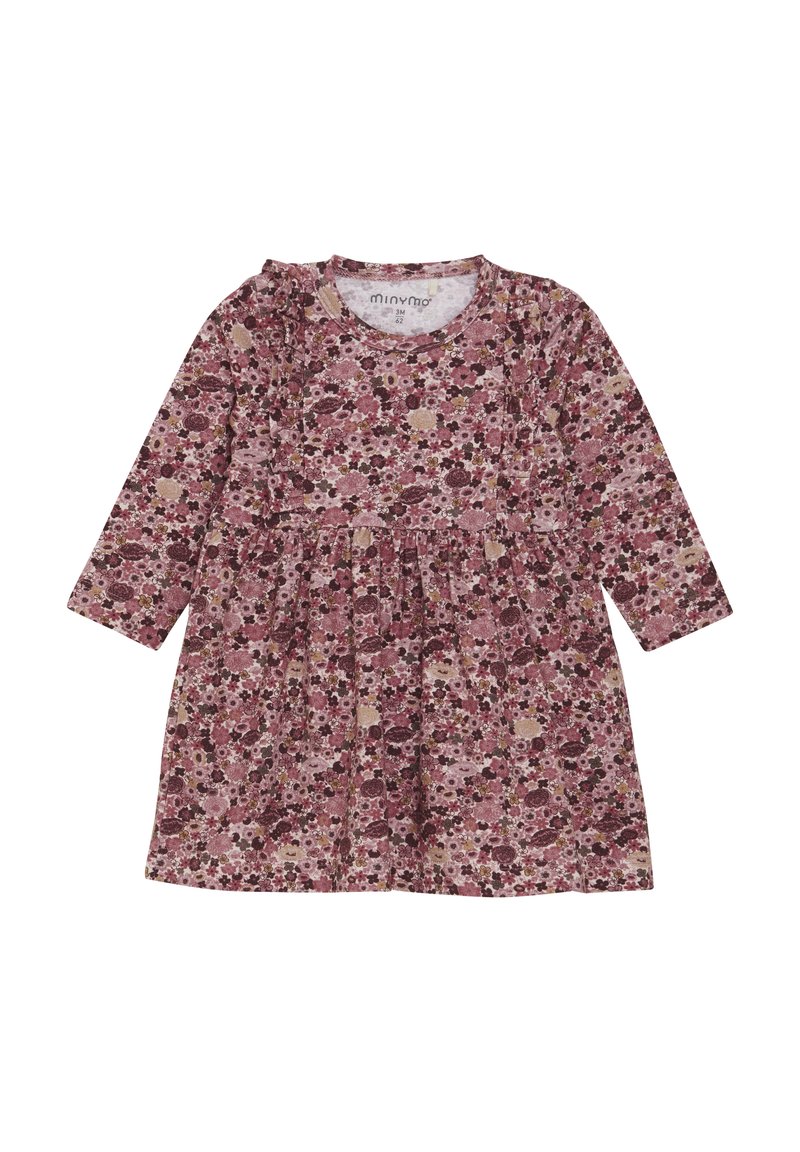 Blommig långärmad klänning i nyanser av rosa och maroon, med en veckad kjol och mjukt bomullstyg. Rund halsringning och volangdetaljer.