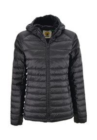Giacca puffa nera con chiusura zip frontale, cappuccio, design trapuntato e tasche laterali. Realizzata in materiale sintetico lucido e liscio.