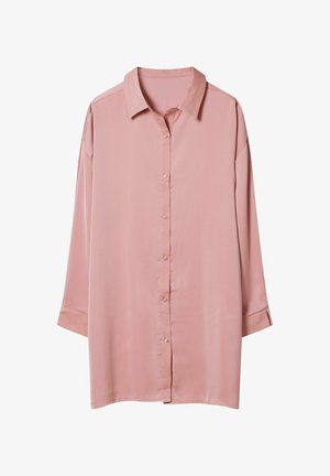 Long-sleeve, light pink button-up shirt with a collar, made of smooth fabric, featuring a relaxed fit and roll-up cuffs.