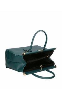 Bolso de cuero en color verde azulado con una forma estructurada, que cuenta con un cierre en tono dorado, dos compartimentos interiores y una única asa superior.