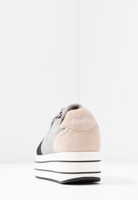 Footwear with a chunky white platform sole. Gray fabric upper with navy accents and light pink suede heel. Features zip closure and branding.