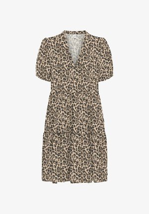 Korte jurk met luipaardprint, V-hals, korte pofmouwen en gelaagde roklagen.