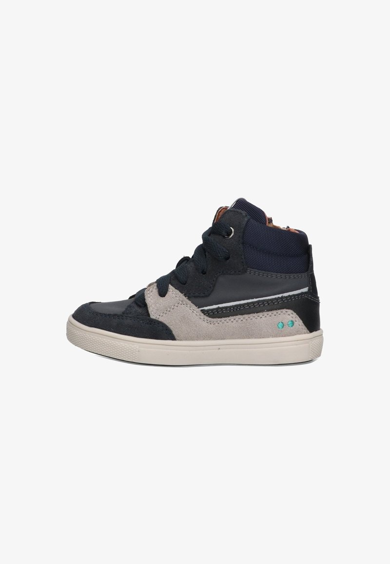 High-top shoes featuring navy synthetic upper, grey suede accents, and a white rubber sole. Laces and zipper closure for secure fit.