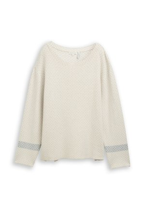 Pull long beige clair à manches longues avec un motif texturé et un accent rayé gris aux poignets. Tissu doux avec une coupe décontractée.