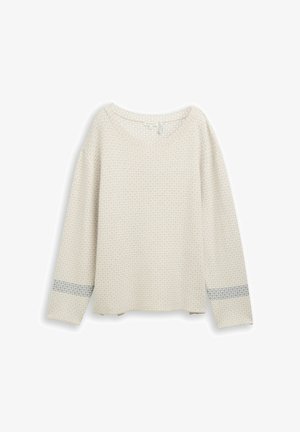 Lichtbeige trui met lange mouwen, voorzien van een textuurpatroon en een grijze gestreepte accent bij de manchetten. Zachte stof met een relaxte fit.