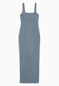 Sukienka bez rękawów, długa, niebieska, o dopasowanej sylwetce; posiada kwadratowy dekolt i pionowe szwy dla uzyskania strukturalnego wyglądu.