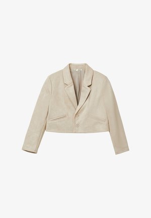Blazer beige corto con revers a incavo, due bottoni e due tasche frontali orizzontali, mostrato su sfondo bianco.