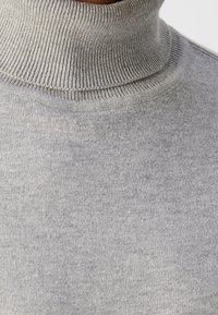 Lysegrå rullekravetrøje med blød strikket struktur. Høj krave og diskrete ribbede detaljer ved halskanten.
